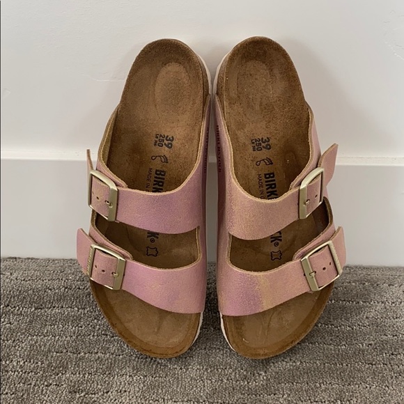 birkenstock arizona washed metallic pink